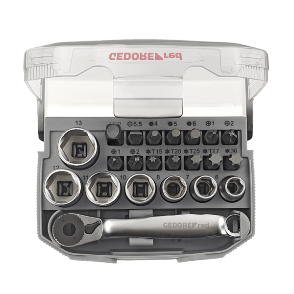 GEDR49005023 – SOCKET GED RED SET 1/4″ 6-13MM+BITS23PCE